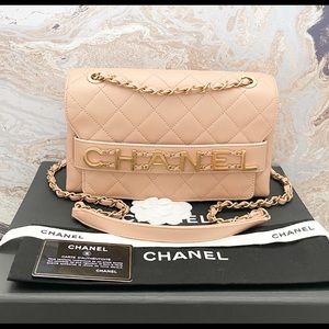 Chanel Medium Enchained Gold Logo Beige Calfskin Leather Chain Flap Bag